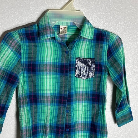 Girls Arizona Green Plaid Button Up Shirt Long Sleeve Size 5 - Picture 2 of 5